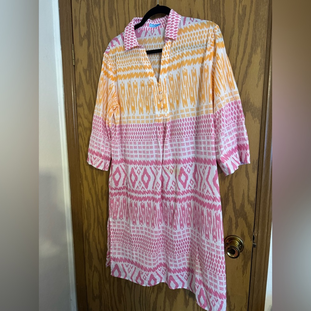 J. McLaughlin Size Large Pink and Yellow Ikat Print Dress , Cover Up.See Note 🎯